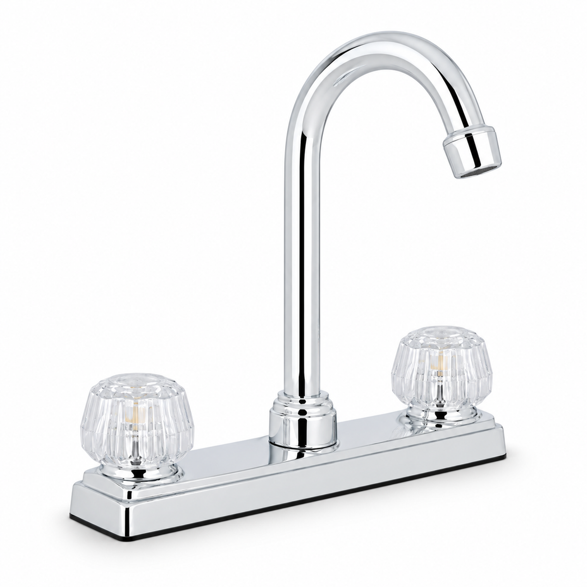 Mezclador Aquarius de mesa cromado con cuello curvo y dos manijas transparentes sobre fondo blanco