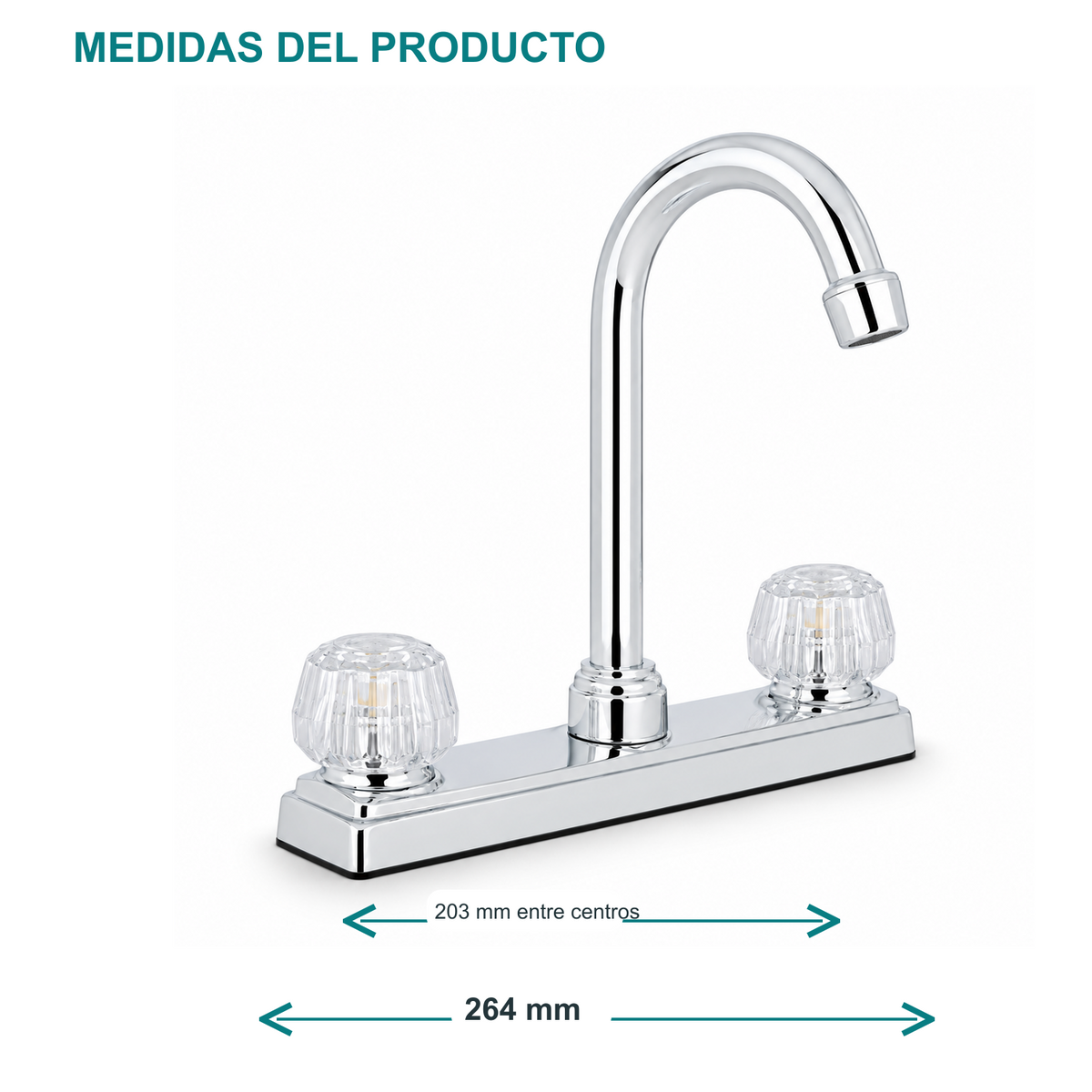 Dimensiones del mezclador Aquarius: base 264 mm y 203 mm entre centros