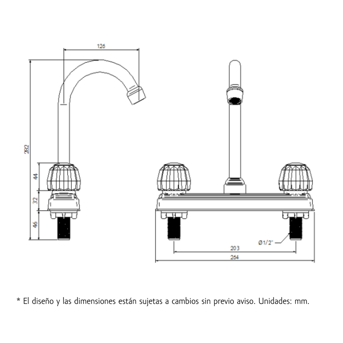 Croquis técnico original del mezclador Aquarius con todas las cotas del fabricante