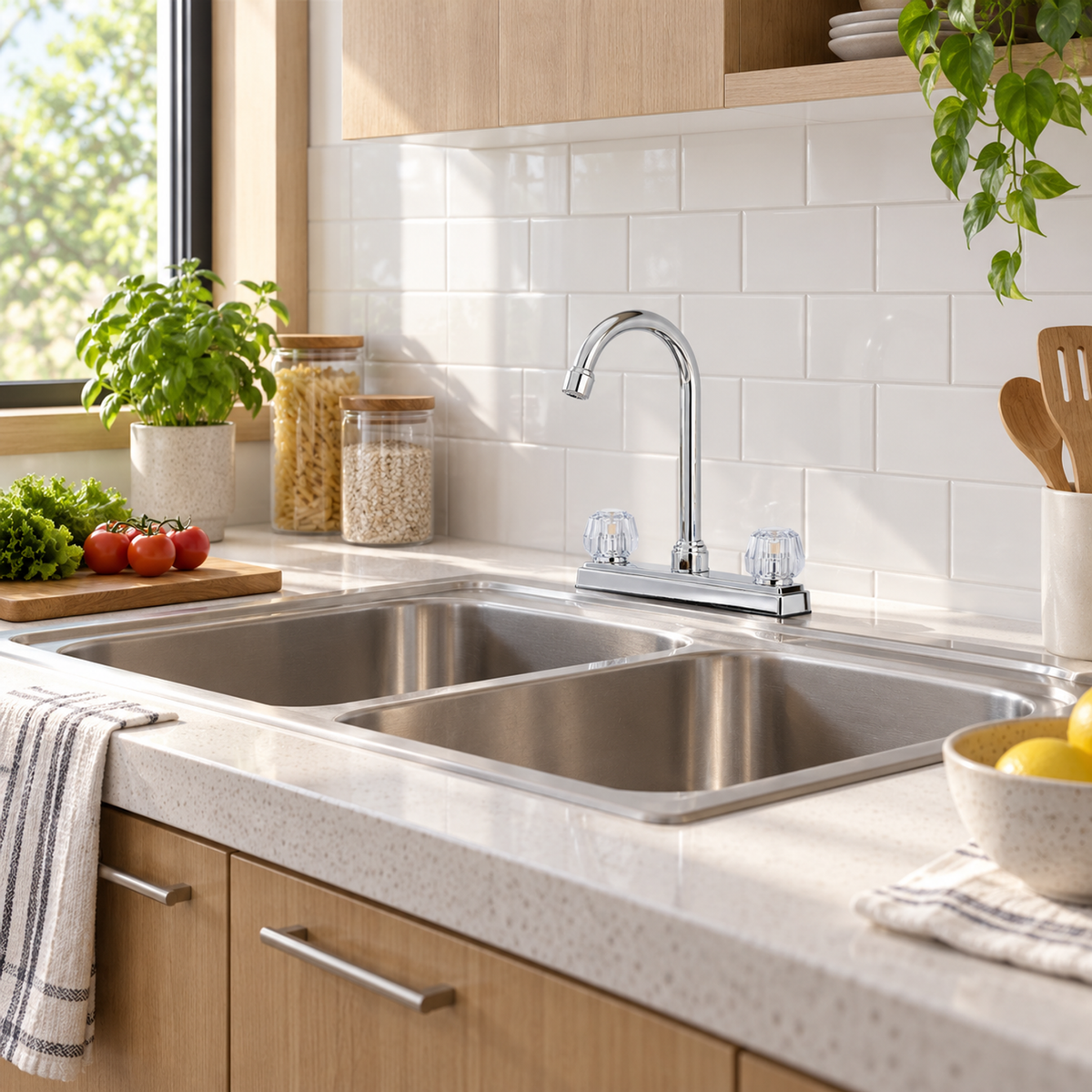 Mezclador Aquarius cromado instalado en cocina luminosa con lavaplatos doble