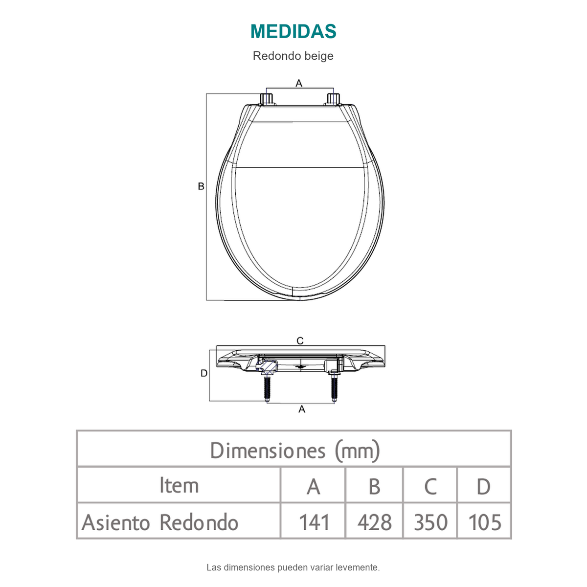 Croquis del asiento sanitario redondo beige. A: 141 mm; B: 428 mm; C: 350 mm; D: 105 mm.