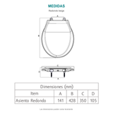 Croquis del asiento sanitario redondo beige. A: 141 mm; B: 428 mm; C: 350 mm; D: 105 mm.