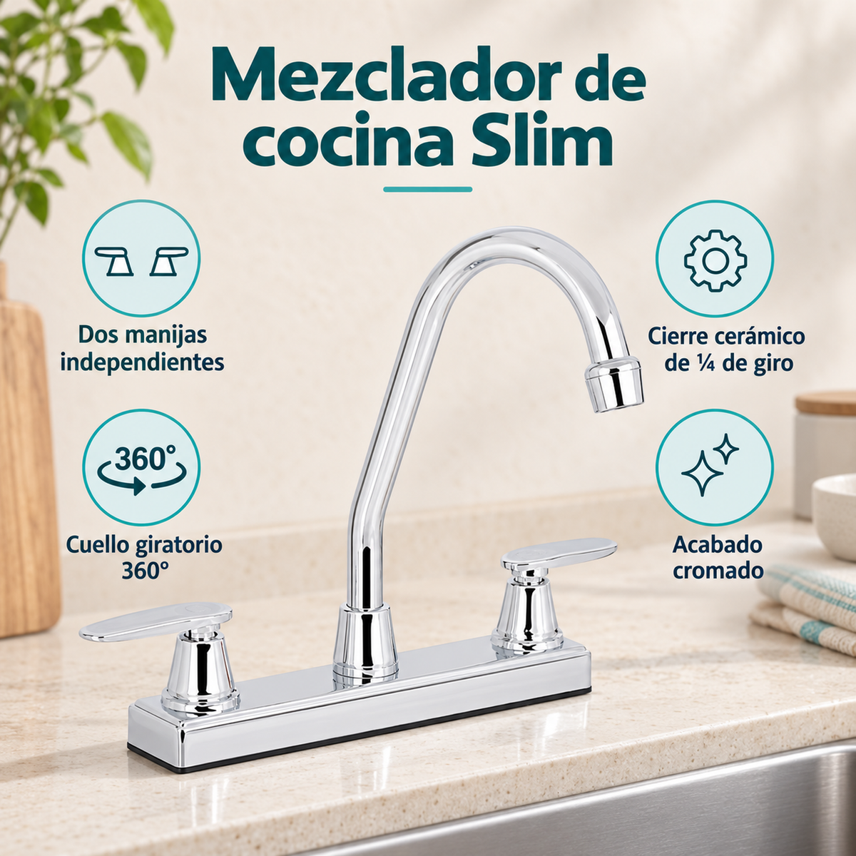 Características del mezclador Slim: dos manijas, cuello giratorio y cierre cerámico