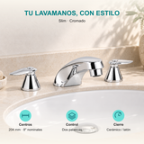 Mezclador de lavamanos Slim: Centros: 204 mm · 8″ nominales; Control: Dos palancas; Cierre: Cerámico / latón.