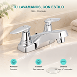 Mezclador de lavamanos Slim: Acabado: Cromado; Control: Dos palancas; Centros: 102 mm · 4″ nominales.