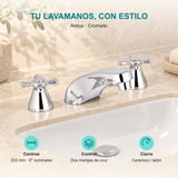 Mezclador de lavamanos Antius: Centros: 203 mm · 8″ nominales; Control: Dos manijas de cruz; Cierre: Cerámico / latón.