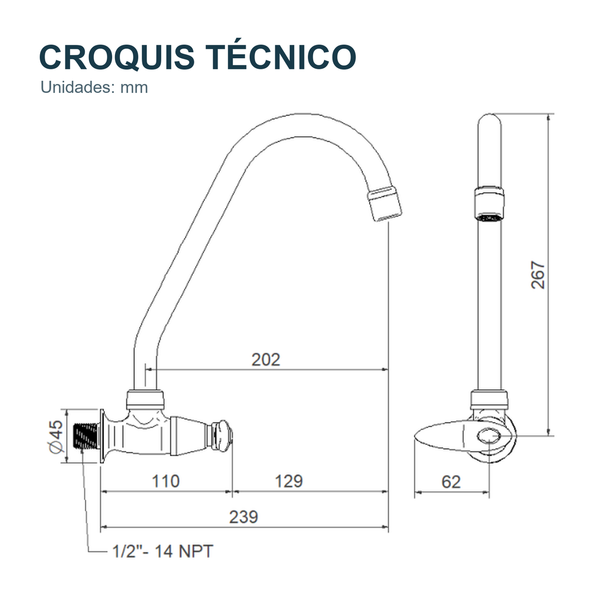 Croquis técnico de Llave individual para lavaplatos de pared Slim cromada