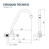 Croquis técnico de Llave individual para lavaplatos de pared Slim cromada