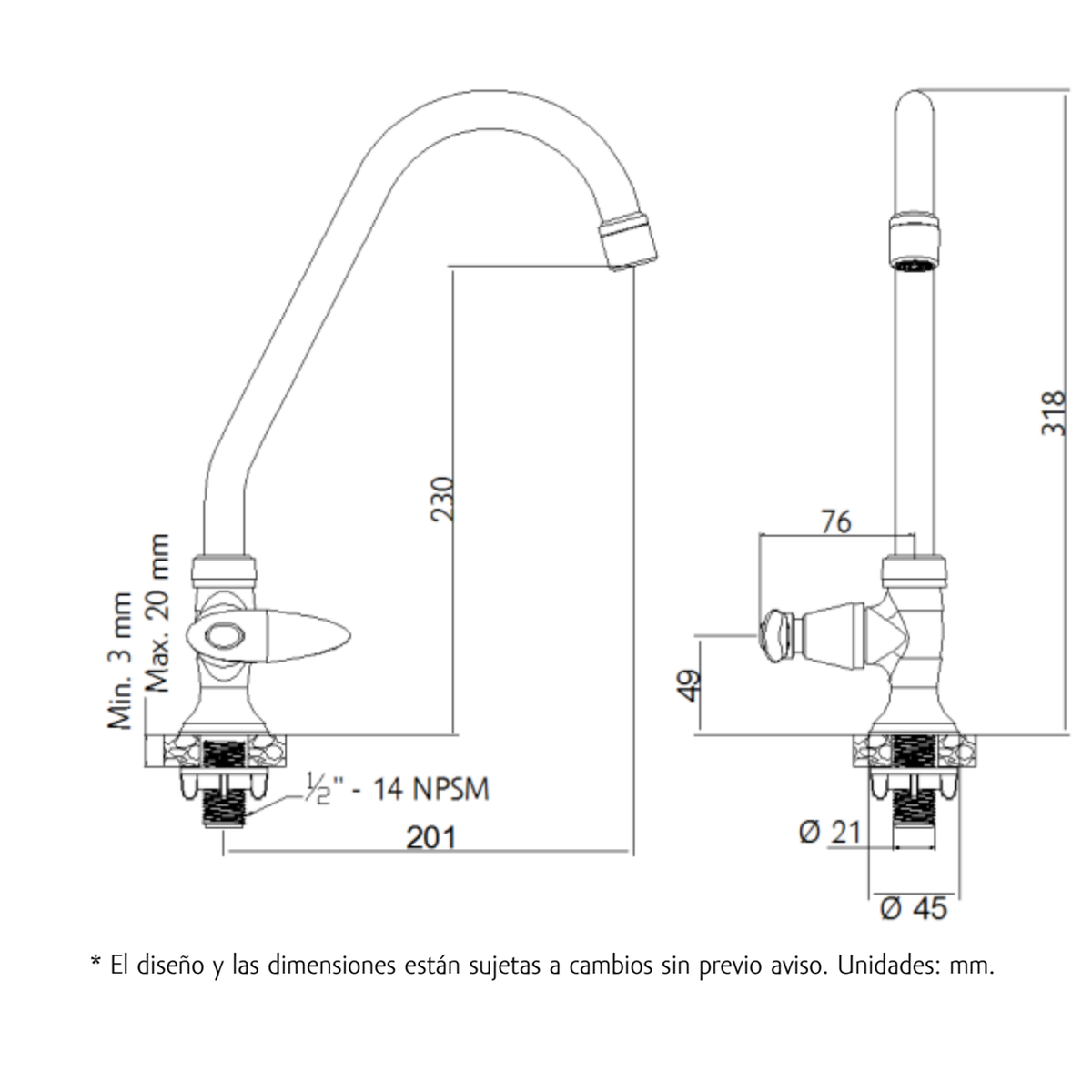 Croquis técnico original de la llave individual Slim con cotas de instalación