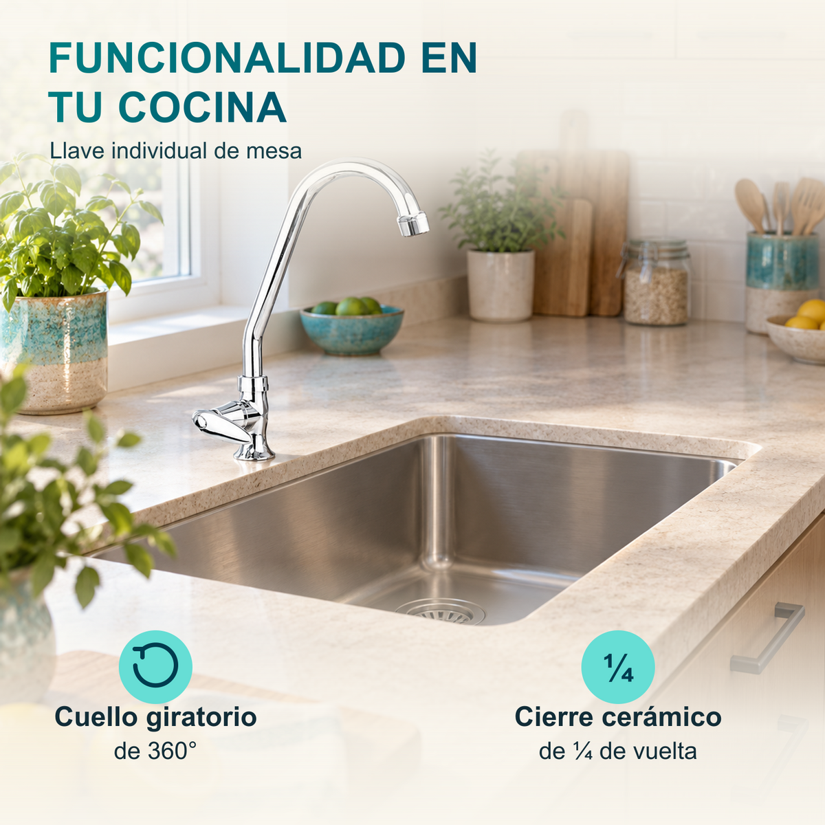Llave individual Slim cromada instalada en cocina; cuello giratorio de 360 grados y cierre cerámico de cuarto de vuelta