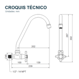 Croquis técnico de Llave individual para lavaplatos de pared Antius cromada