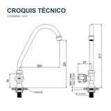 Croquis técnico de Llave individual para lavaplatos de mesa Aqua cromada