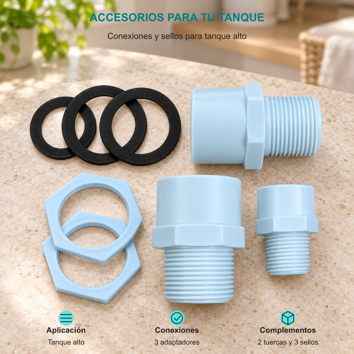 Conexiones y sellos para tanque alto. Aplicación: Tanque alto. Conexiones: 3 adaptadores. Complementos: 2 tuercas y 3 sellos.