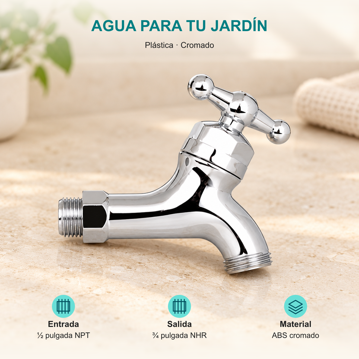 Llave para manguera plástica cromada de media pulgada: Entrada: ½ pulgada NPT; Salida: ¾ pulgada NHR; Material: ABS cromado.