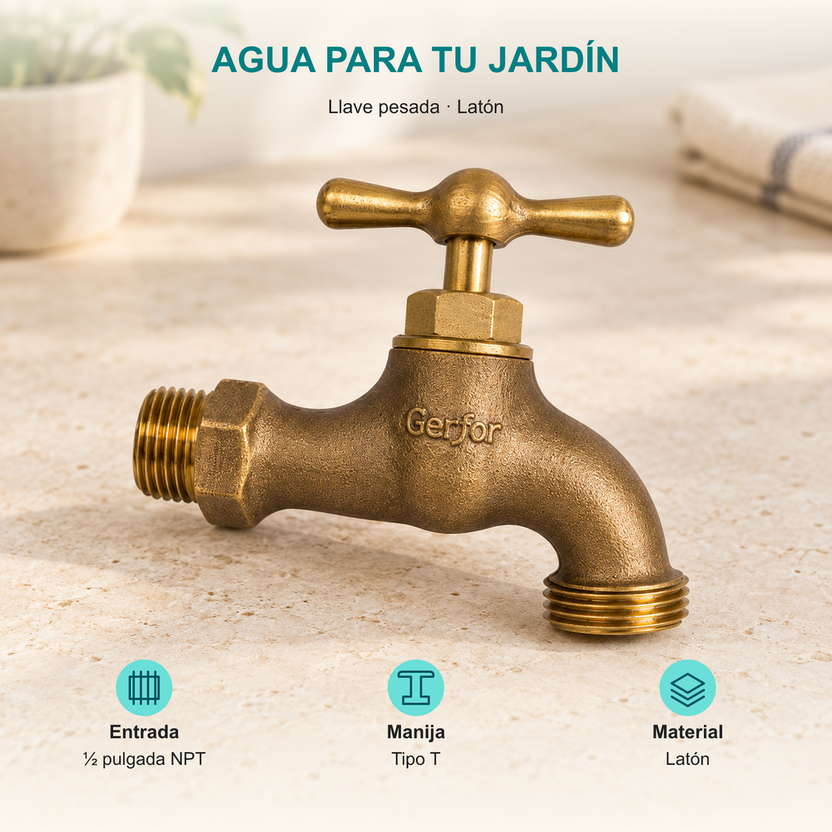 Llave para manguera pesada de latón de media pulgada. Entrada ½ pulgada NPT, manija tipo T y cuerpo de latón.