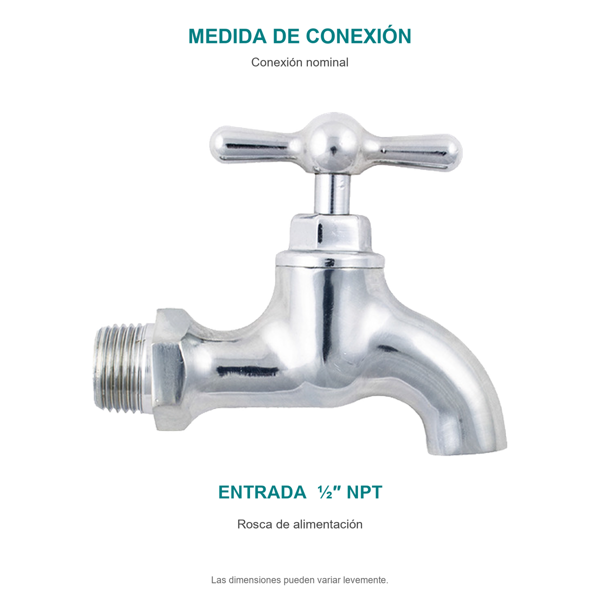 Conexión nominal de llave terminal pesada cromada de media pulgada: entrada de media pulgada NPT. No representa dimensiones generales.