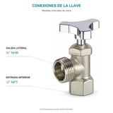 Conexiones nominales de la llave: entrada inferior ½ pulgada NPT y salida lateral ¾ pulgada NHR. No representa dimensiones generales.