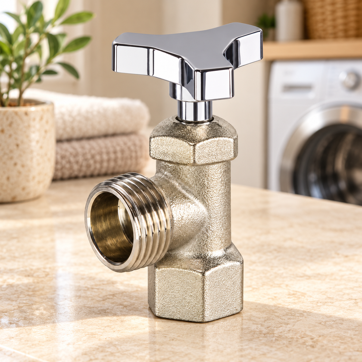 Llave para lavadora metálica satín de media pulgada. Fotografía contextual de la pieza suelta antes de instalar; conexiones y manija.