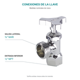 Llave para lavadora cromada con manija angular: entrada inferior nominal de media pulgada NPT y salida lateral de tres cuartos de pulgada NHR, sobre la fotografía oficial.