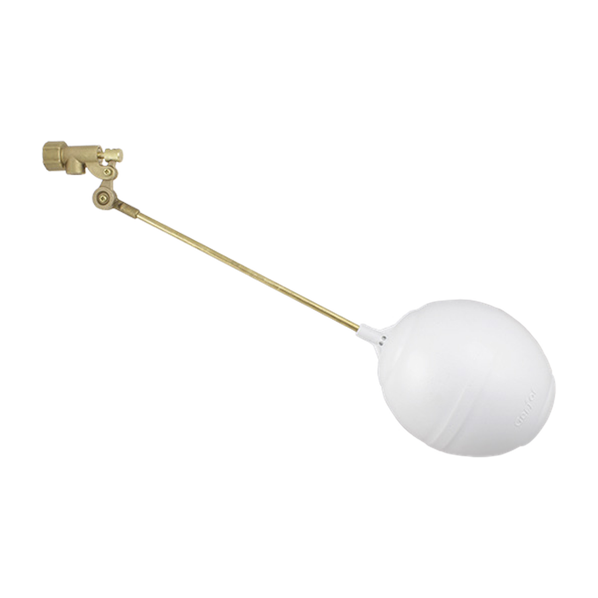 Conjunto de válvula para tanque alto hembra de media pulgada sobre fondo blanco. Latón y flotador blanco.