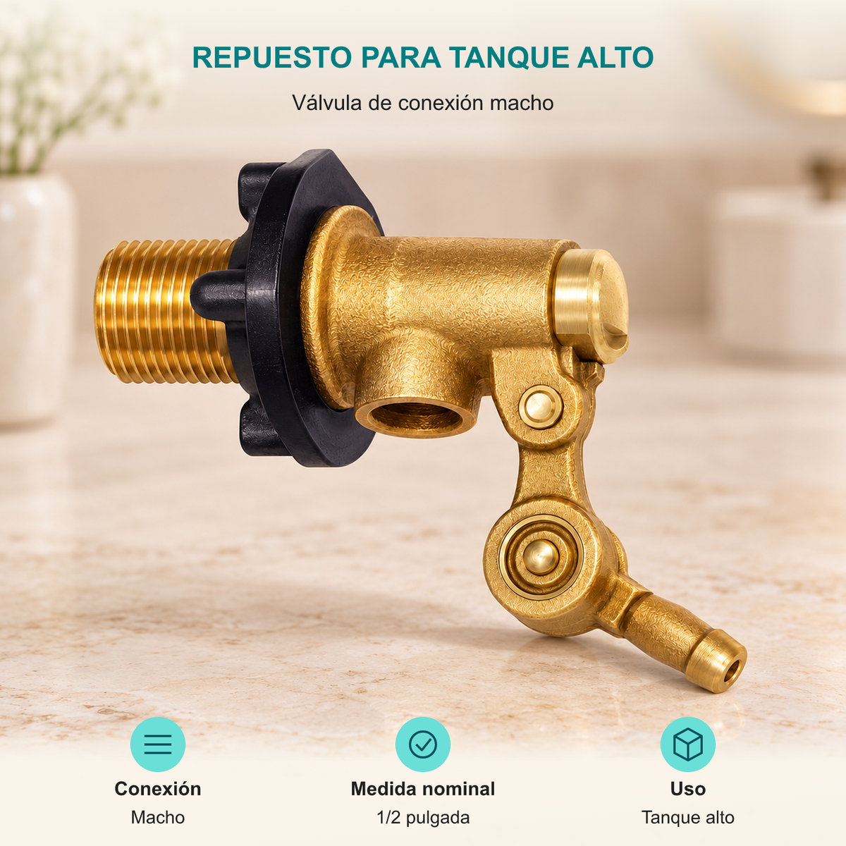 Válvula de conexión macho. Conexión: Macho. Medida nominal: 1/2 pulgada. Uso: Tanque alto.