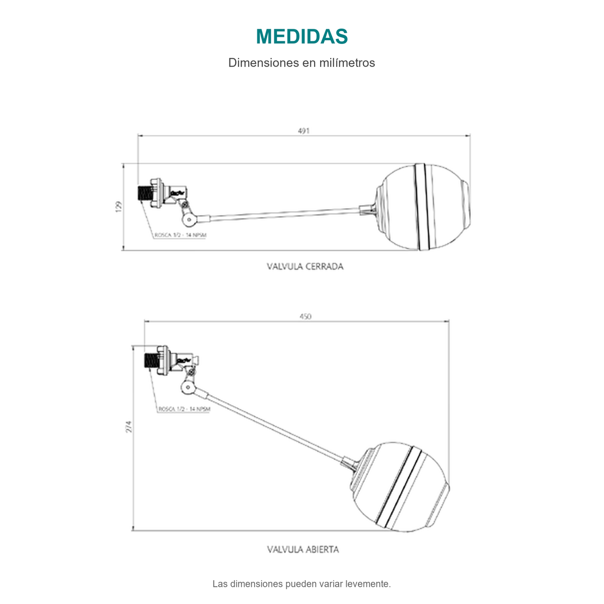 Croquis original de conjunto de válvula para tanque alto macho de media pulgada, con sus cotas originales sin repasar trazos.