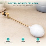Conjunto de válvula para tanque alto macho de media pulgada: Entrada: ½ pulgada NPSM; Cuerpo: Latón; Flotador: PEAD.