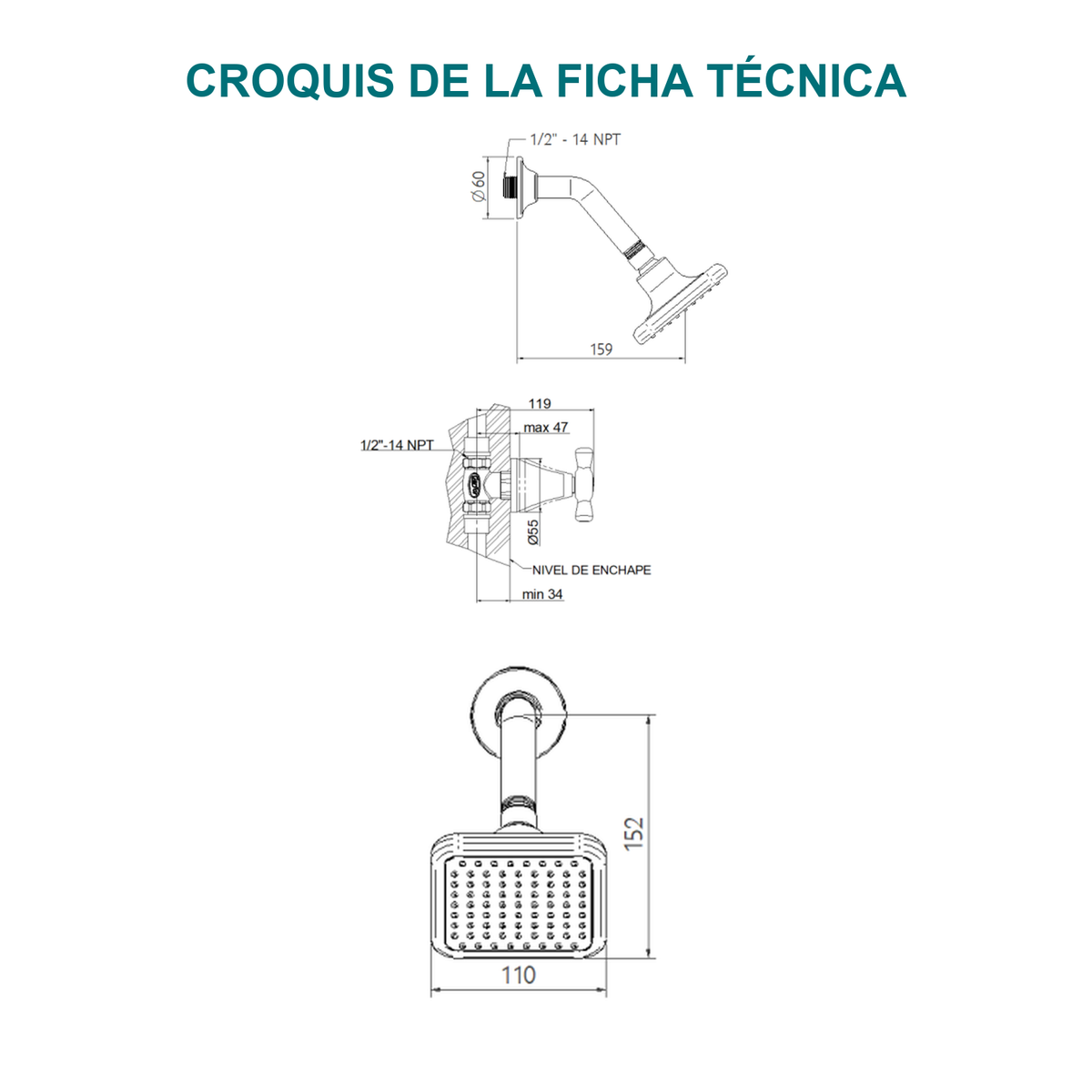 Conjunto registro de ducha Antius cromado — croquis original