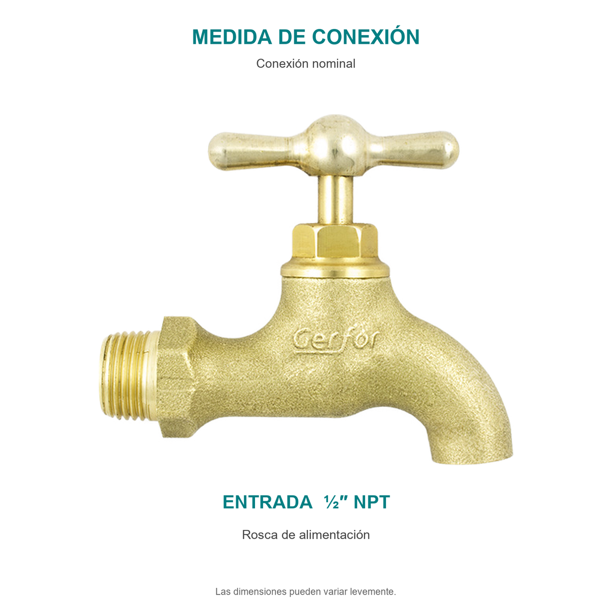 Conexión nominal de llave terminal pesada con acabado cobre de media pulgada: entrada de media pulgada NPT. No representa dimensiones generales.