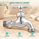 Llave para manguera superpesada cromada de media pulgada: Entrada: ½ pulgada NPT; Salida: ¾ pulgada NHR; Cuerpo: Latón cromado.