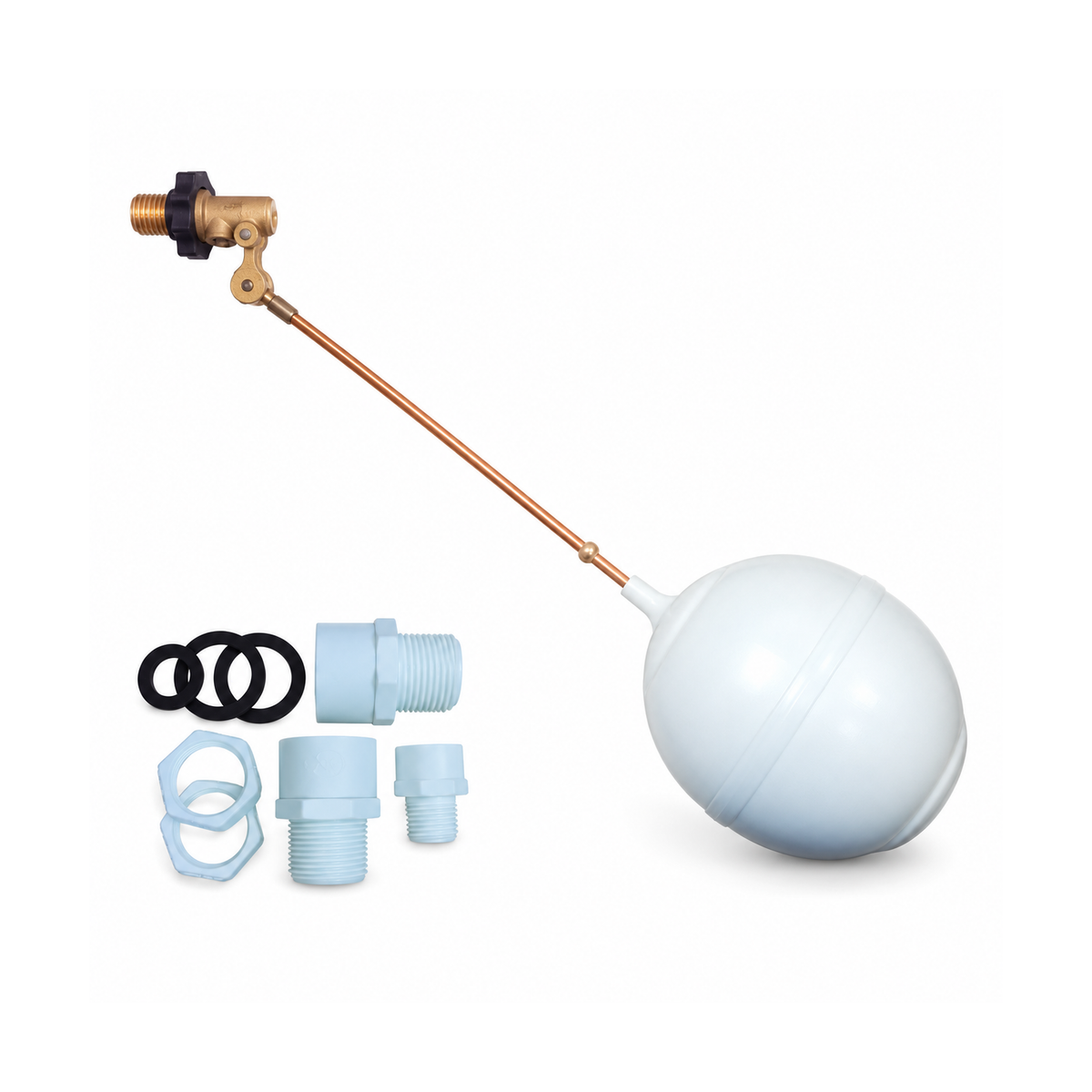 Kit de tanque alto macho de ½″ con accesorios PVC sobre fondo blanco, producto completo.