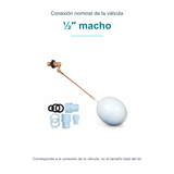 Conexión nominal de la válvula: ½″ macho. Corresponde a la conexión de la válvula, no al tamaño total del kit.