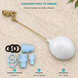 Válvula hembra con varilla y flotador. Conexión nominal: Hembra ½″. Conjunto: Válvula y flotador. Accesorios: PVC y sellos.