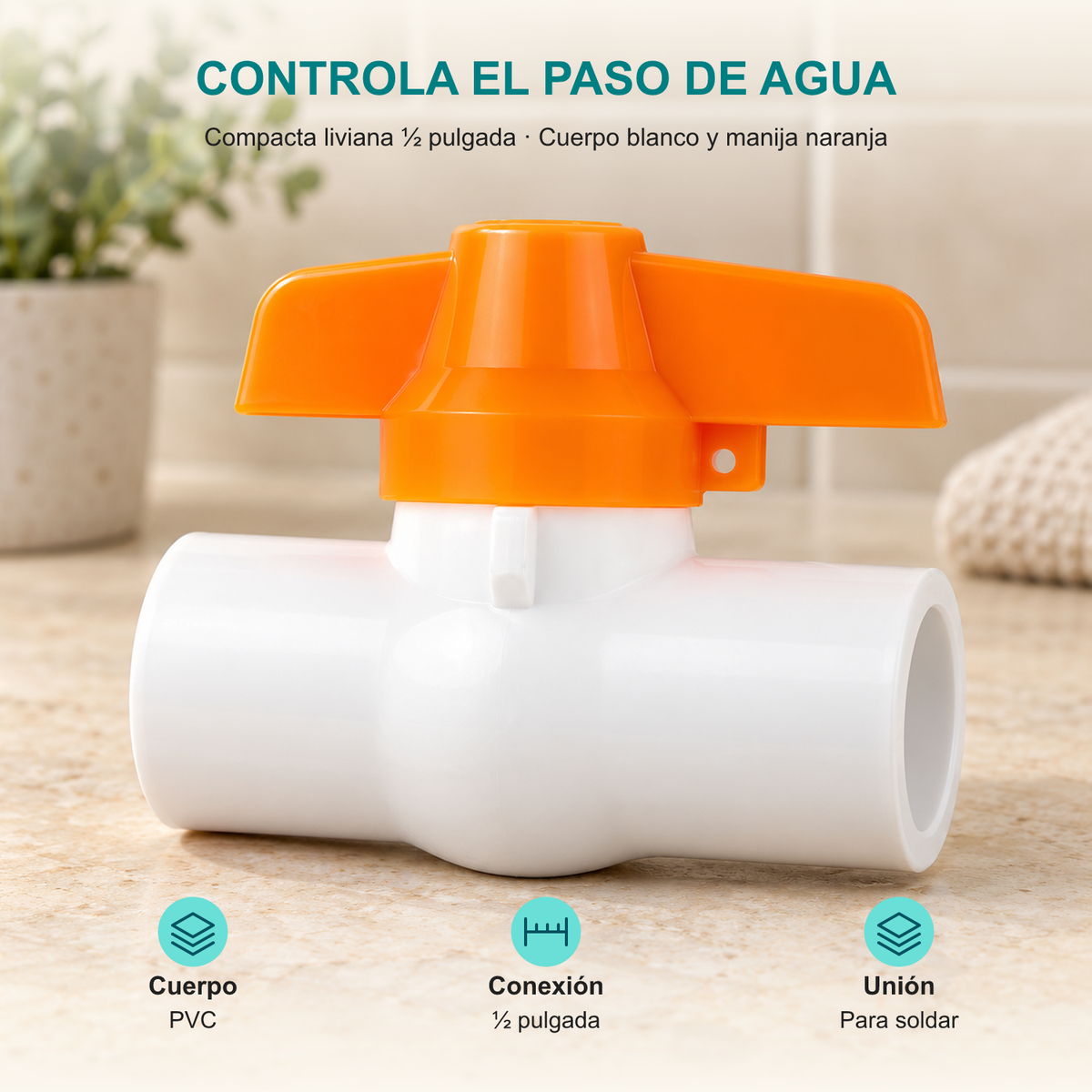 Válvula de bola en PVC para soldar de ½ pulgada: Cuerpo: PVC; Conexión: ½ pulgada; Unión: Para soldar.