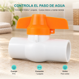 Válvula de bola en PVC para soldar de 1 pulgada: Cuerpo: PVC; Conexión: 1 pulgada; Unión: Para soldar.