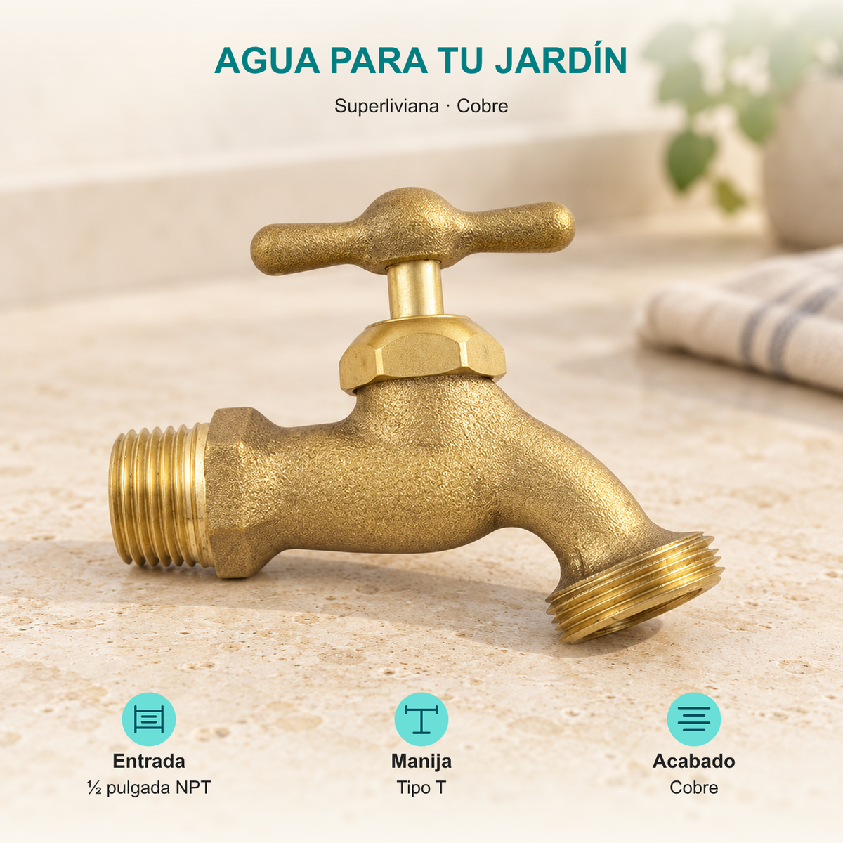 Llave para manguera superliviana con acabado cobre de media pulgada: Entrada: ½ pulgada NPT; Manija: Tipo T; Acabado: Cobre.
