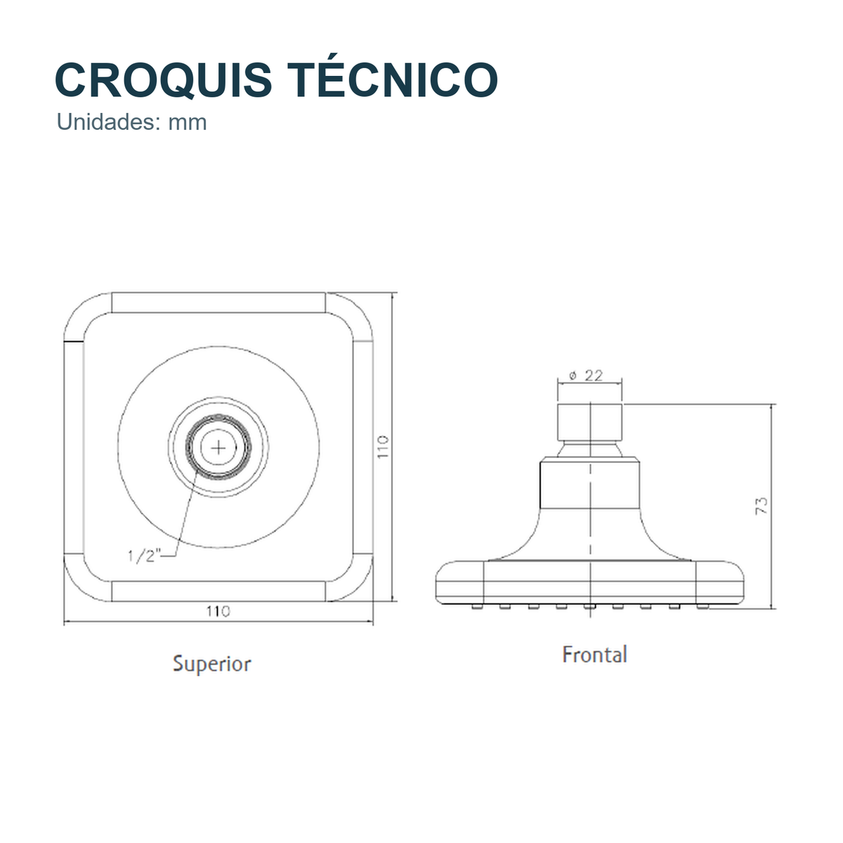 Croquis técnico de Regadera para ducha Alma cromada