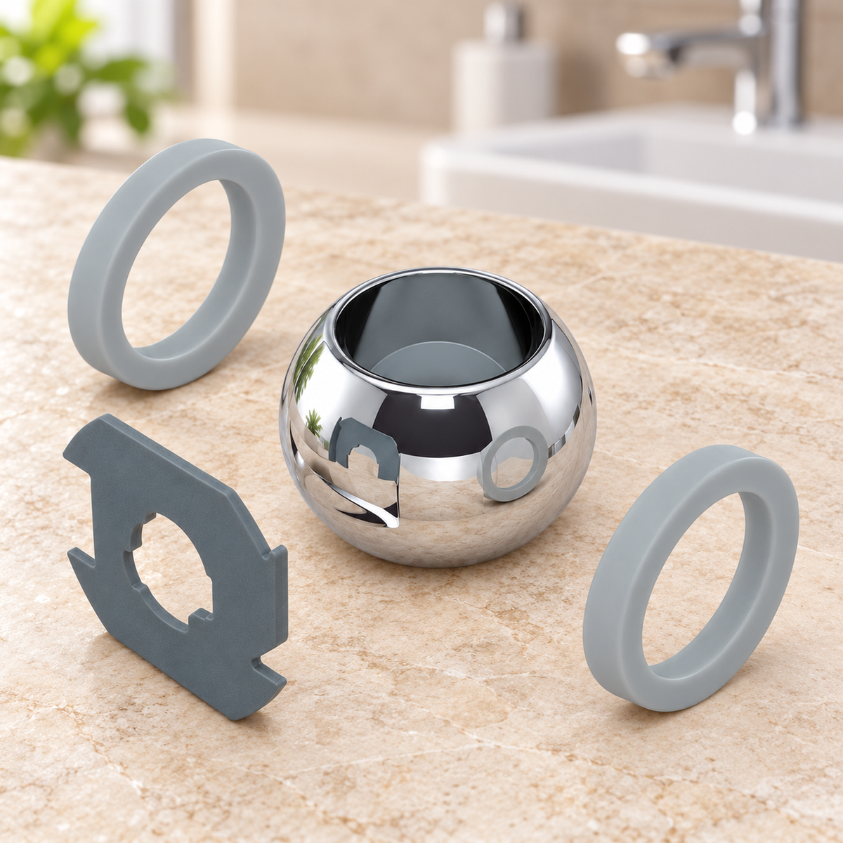 Kit de sellos para registro de ducha de bola suelto sobre piedra cálida antes de instalar; accesorios del ambiente no incluidos.