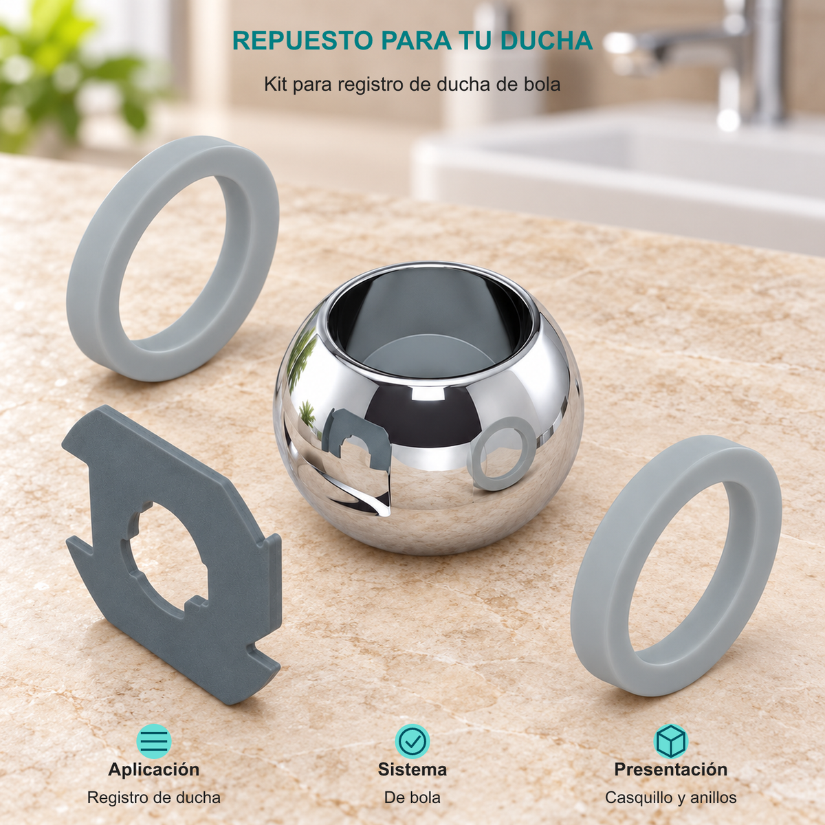 Kit para registro de ducha de bola. Aplicación: Registro de ducha. Sistema: De bola. Presentación: Casquillo y anillos.