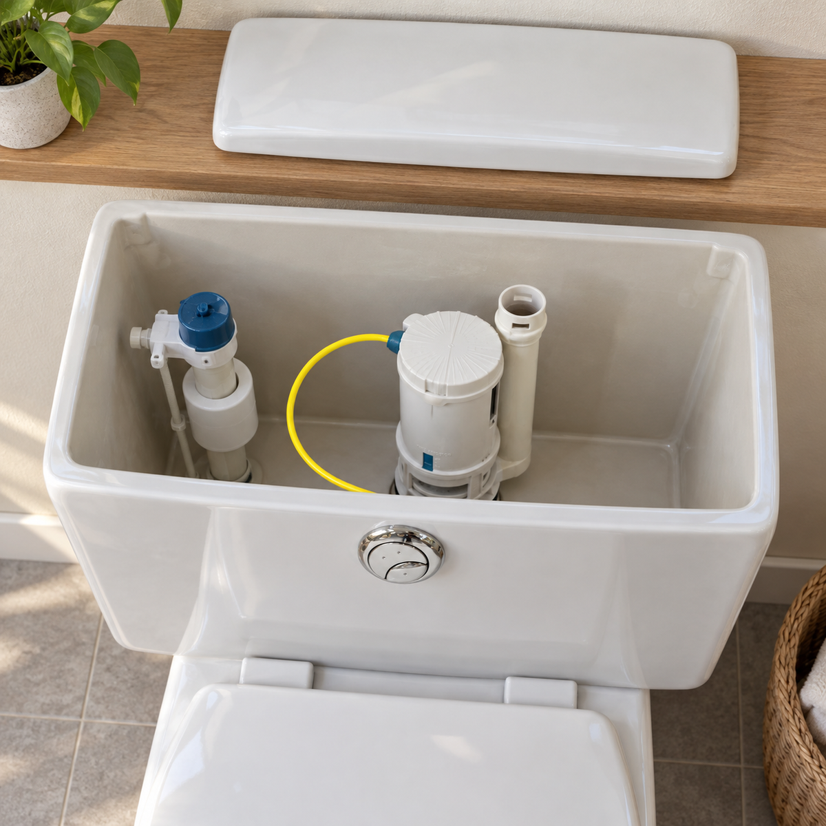 Válvula de salida de doble descarga Doble descarga en una escena de baño. Instalación ilustrativa; los demás elementos no están incluidos.