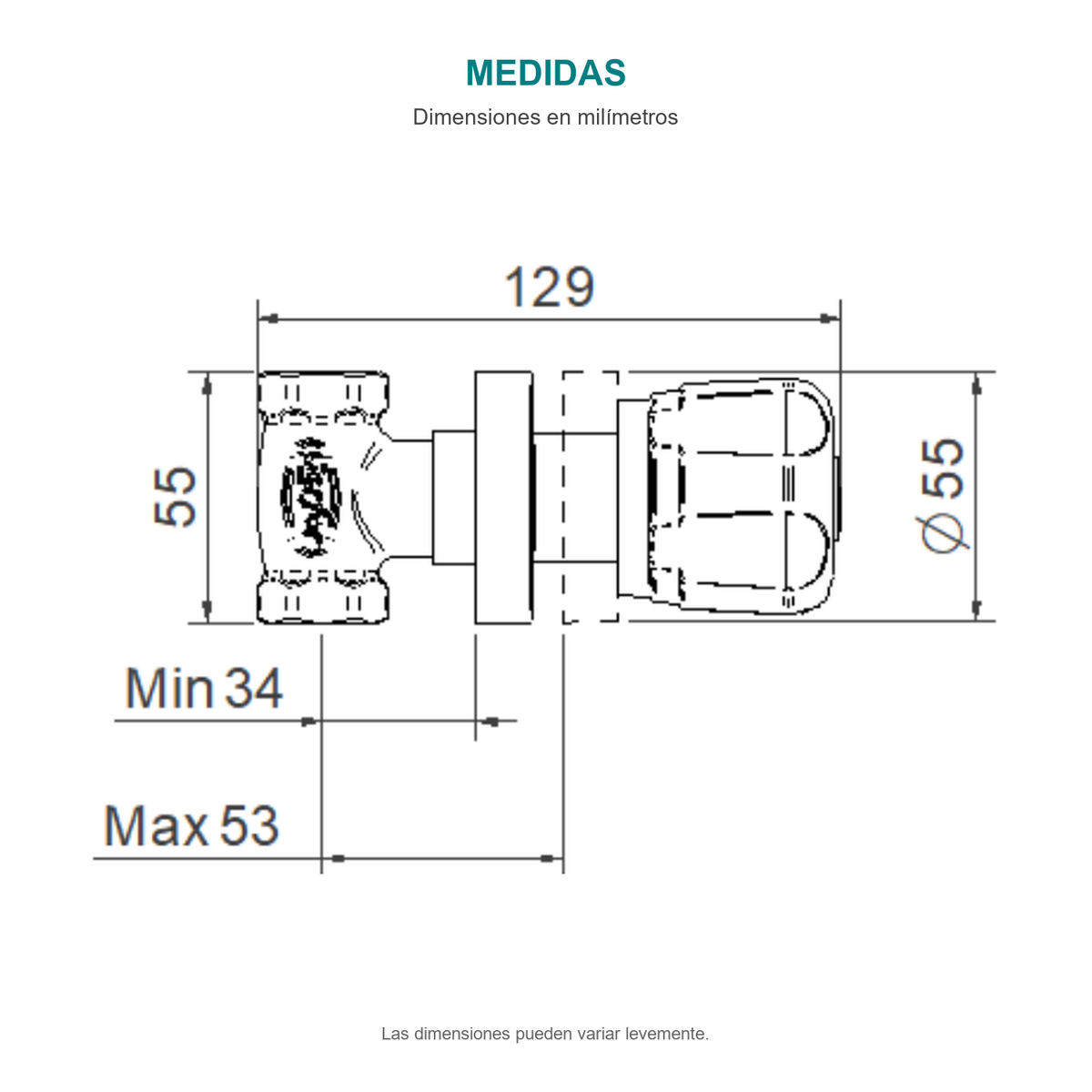 Croquis original del registro Aqua: longitud total de 129 mm, altura del cuerpo de 55 mm, diámetro de la manija de 55 mm y rango de instalación de 34 a 53 mm.