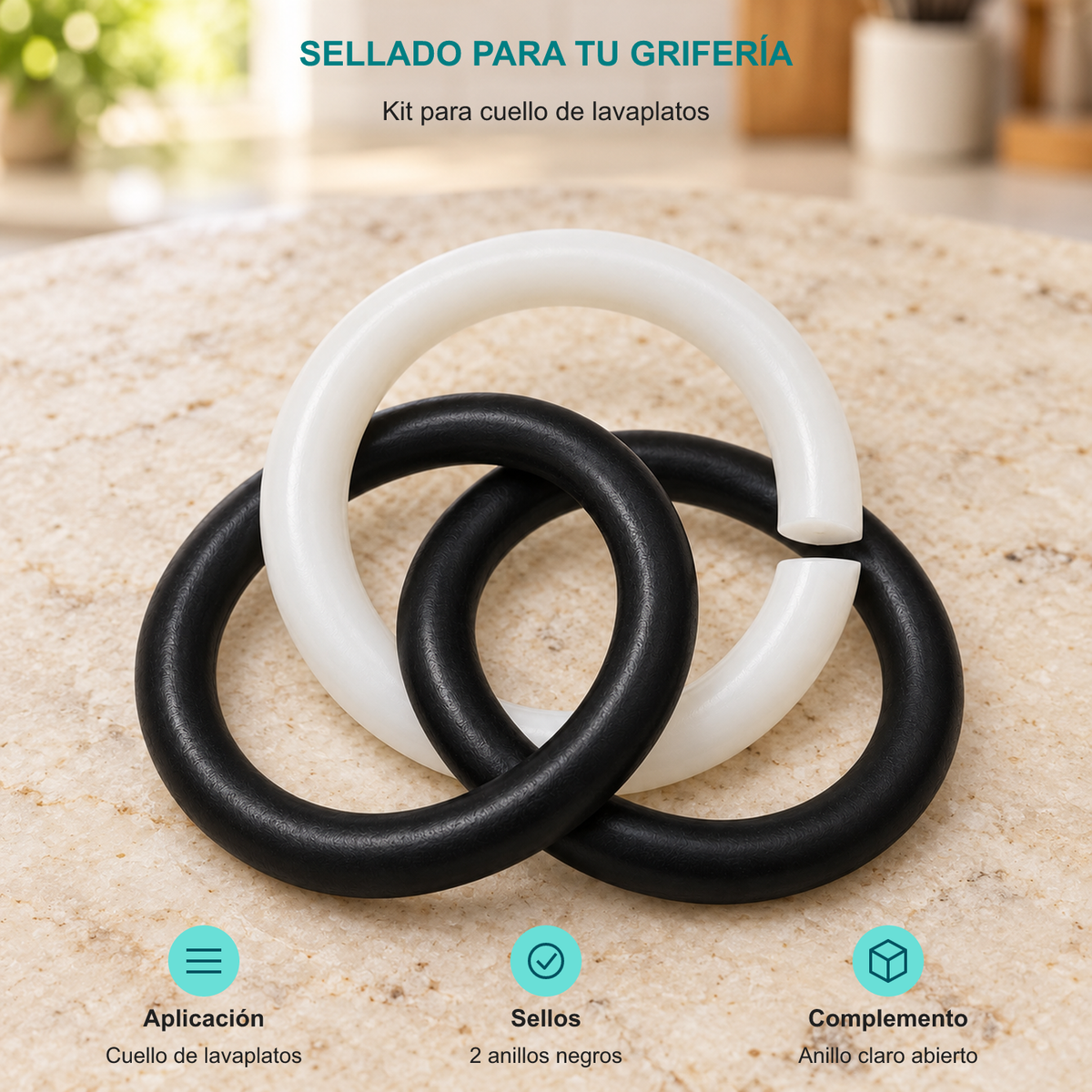 Kit para cuello de lavaplatos. Aplicación: Cuello de lavaplatos. Sellos: 2 anillos negros. Complemento: Anillo claro abierto.