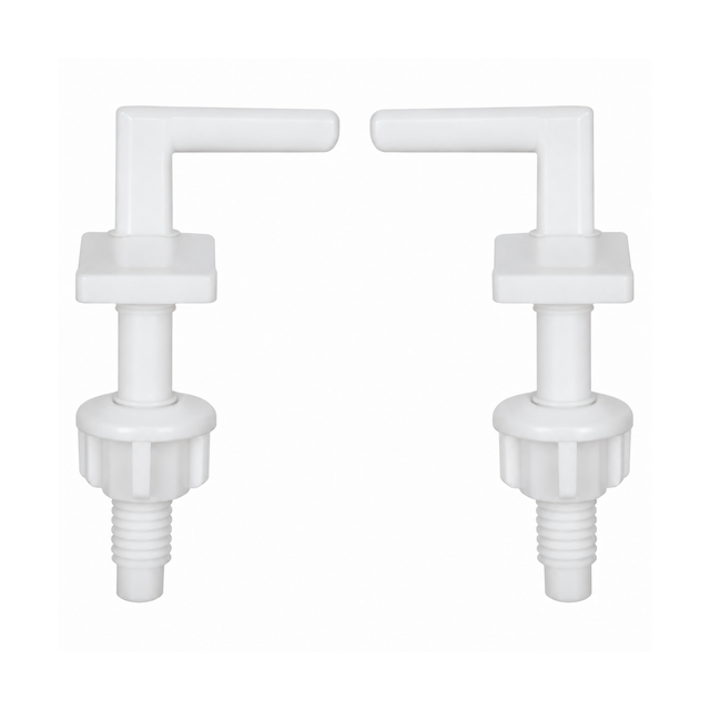 Kit de herrajes para asiento sanitario alongado x 2 sobre fondo blanco, producto completo.