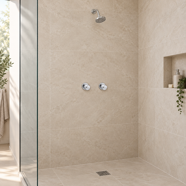 Aqua: instalación en una ducha con vista amplia y controles a altura de uso