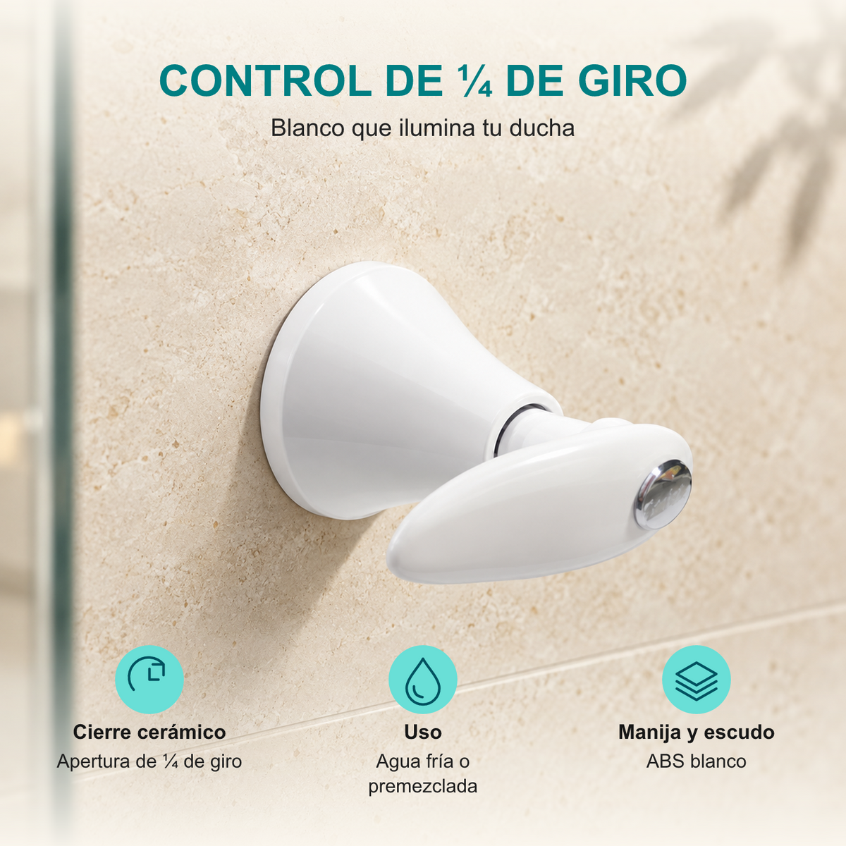 Registro Slim Bianca blanco instalado: cierre cerámico de un cuarto de giro, uso con agua fría o premezclada, manija y escudo de ABS blanco.