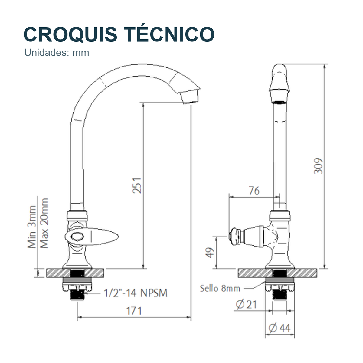 Croquis técnico de Llave individual para lavaplatos de mesa Slim Bianca blanca