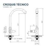 Croquis técnico de Llave individual para lavaplatos de mesa Slim Bianca blanca