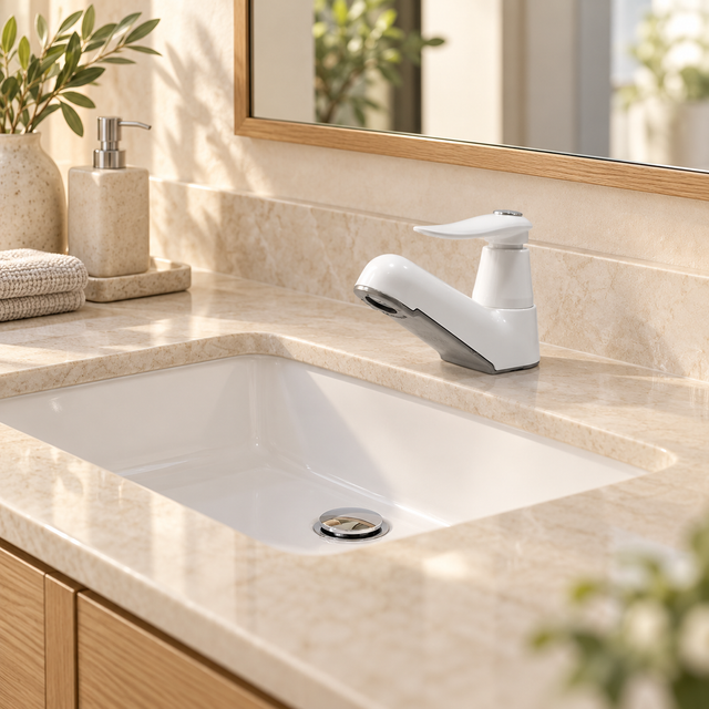 Llave individual para lavamanos Slim Bianca instalado en un baño de piedra clara. Los accesorios de ambientación no están incluidos.