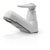 Llave individual para lavamanos Slim Bianca sobre fondo blanco. Cuerpo y palanca blancos con detalle inferior cromado y pico ascendente.