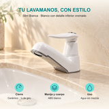 Llave individual para lavamanos Slim Bianca: Cierre: Cerámico · ¼ de giro; Manija y cuerpo: ABS blanco; Uso: Agua sin mezcla.